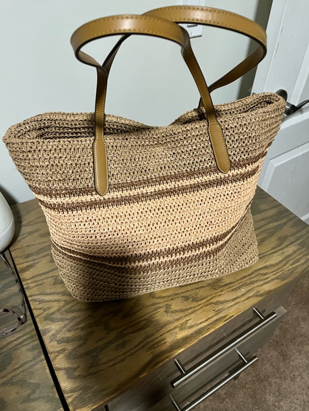 Coach Tan Straw Tote with Leather Trim and Logo - Picture 3 of 8
